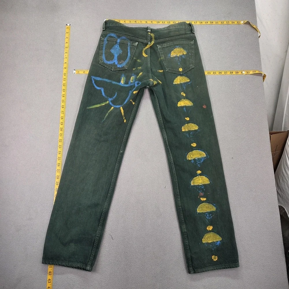 VTG Levis 501 Jeans Mens Green Straight‎ Paint Stains Art USA 90s Fits 32x30